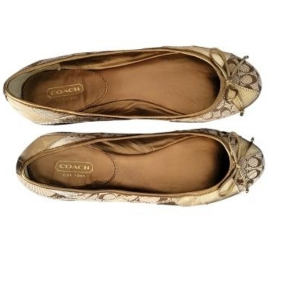 Coach Ariell Patchwork Monogram Signature Gold Flat Ballet Slip On Shoe Women 9 - Picture 2 of 9